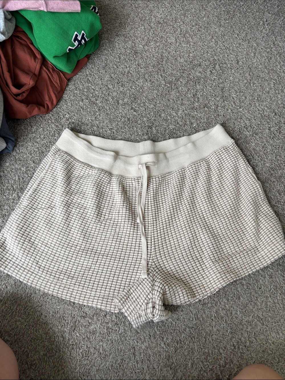 American Eagle Outfitters Cream Waffle-Knit Drawstring Shorts